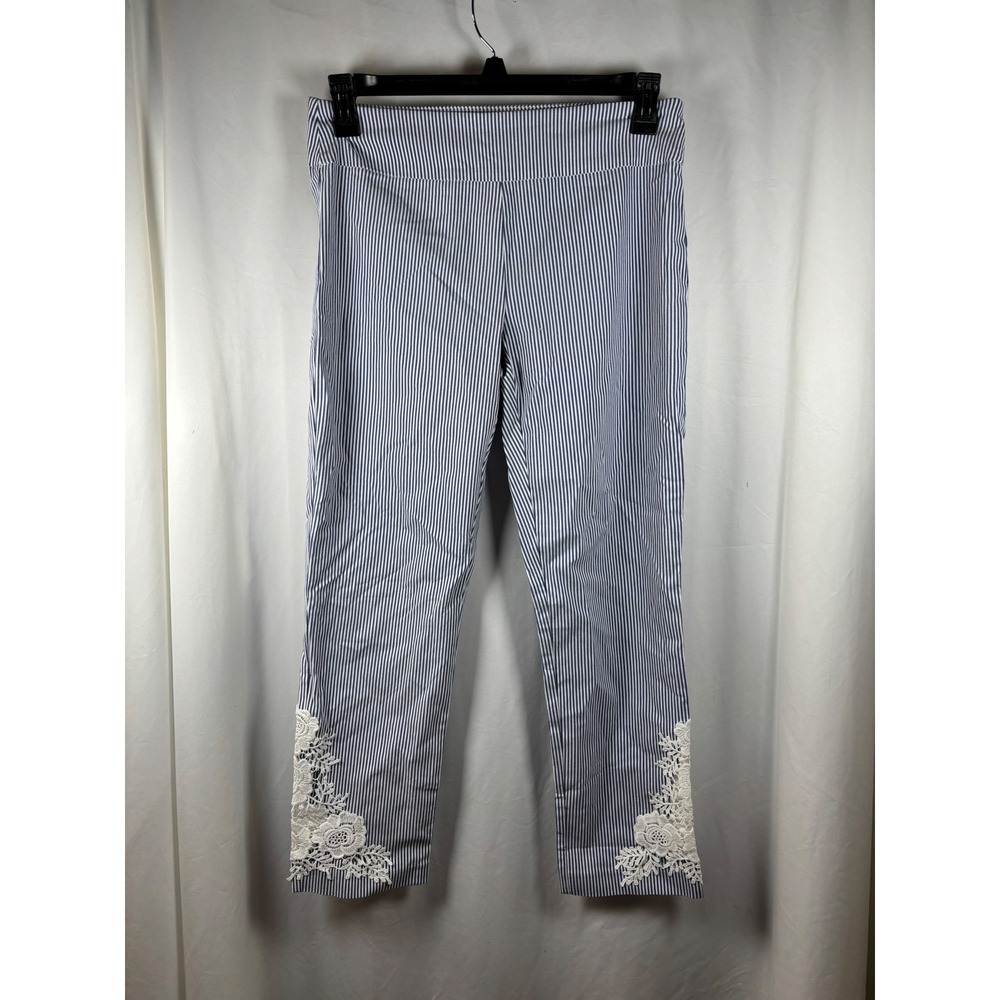 Attyre New York‎ Blue White Striped Lace Hem Cropped Pull On Pants Womens 8